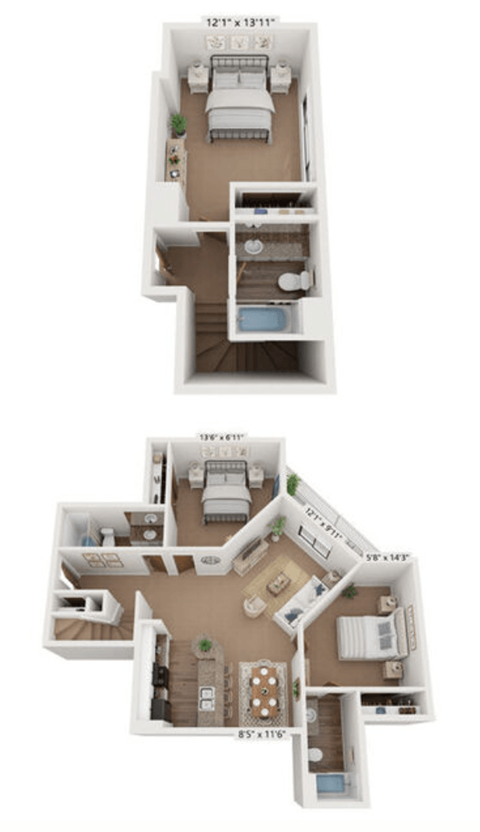 Floor plan for 3 beds, 3 baths, 1300 sqft